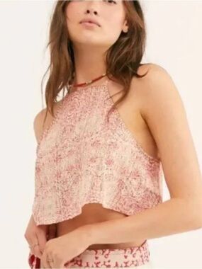 Free People NWT Boho Paisley Crop Cami Tank Top Red Cream S